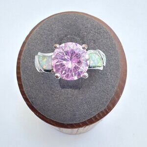 VTG Sterling Silver 925 Pink Cubic Zirconia & Fire Opal Statement Ring Size 8.75